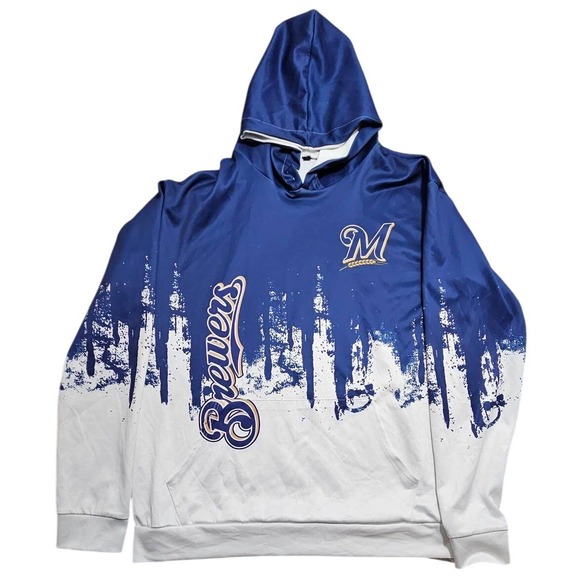 Unbranded Other - Milwaukee Brewers MLB Hoodie Blue White Paint Drip Pullover Mens‎ XL Baseball
